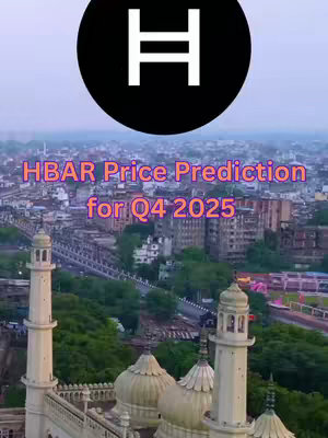 An aerial view shows a cityscape with a large religious structure in the foreground and a large emblem in the top left corner with the text overlayed describing a price prediction.