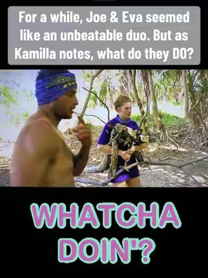 A split-screen image featuring two individuals in a jungle-like setting. The top section displays part of the title text, while the lower half features bold text overlay with the question "WHATCHA DOIN'?"