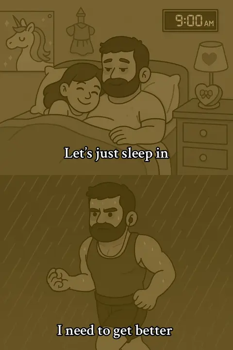 The cover image is divided into two scenes rendered in a sepia tone. The top half depicts a couple, a man and a woman, in bed, with the man's arm around the woman. A digital clock above the bed reads 9:00 AM. The bottom half shows a man in athletic attire running in the rain.