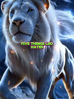 A digitally enhanced image features a majestic white lion with a flowing mane posing with a dramatic, almost glowing aura against a dark, dreamy background. The words "FIVE THINGS LEO HATES" are overlaid on a bright green rectangular banner at the bottom center.
