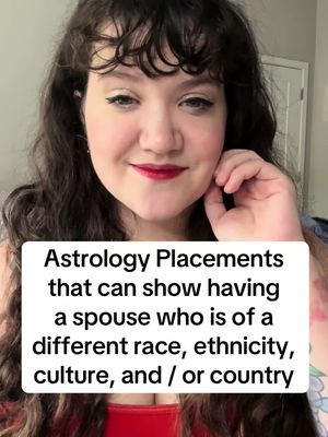 A selfie-style shot featuring a woman with dark curly hair and red lipstick. She is smiling slightly. Overlaid on top of her is a white box containing text about astrology placements and marriage.