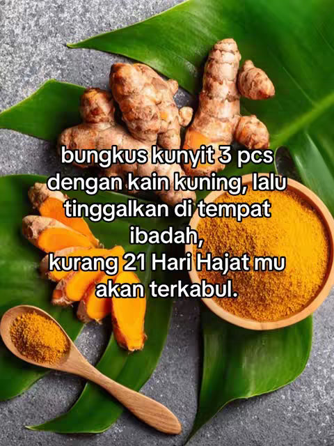 The image displays a close-up arrangement of natural elements. At the top, several uncut turmeric roots are seen, varying slightly in size and shape, with a light brown color. Below them, visible on the left side, there are sliced turmeric pieces  and below the  sliced pieces, is a wooden spoon. In a wooden bowl at the right side is yellow powder. Underneath everything are green leaves.