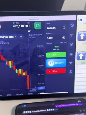 A screenshot from a trading platform on a tablet displaying stock charts, real-time data, and trade buttons. The screen is bright with a dark background, featuring red and green candlestick patterns, and various interface elements like time stamps and financial figures in white.