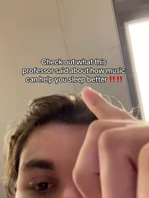 The cover image shows a close-up of a young man pointing upwards. Text overlaid on the image announces information about sleep and music.