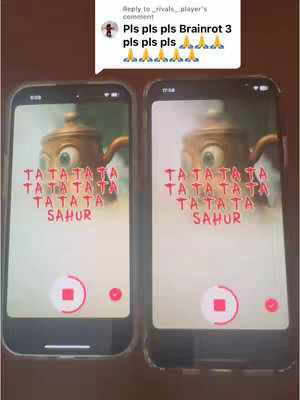 The cover image shows two smartphones side by side, each displaying the same mobile-game-like interface. The UI includes a cartoonish teapot figure and the words “TATATATA TATATATA TATATATA SAHUR” written in red. The overall composition suggests a tutorial or gameplay demonstration.