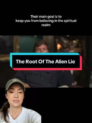 The image is a vertical video cover. The top part is black, and the text 'Their main goal is to keep you from believing in the spiritual realm' is visible. Below, there is a video still of a man. A black rectangular box with a white and red outline says 'The Root Of The Alien Lie'. A woman with a grey baseball cap and a white shirt is in the bottom quadrant of the image.