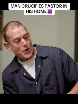 The cover image shows a man in a dark blue prison uniform with a serious expression, looking slightly up and to the side. Above him is text that reads "MAN CRUCIFIES PASTOR IN HIS HOME" with a cross emoji. The background appears to be a plain, light wall.