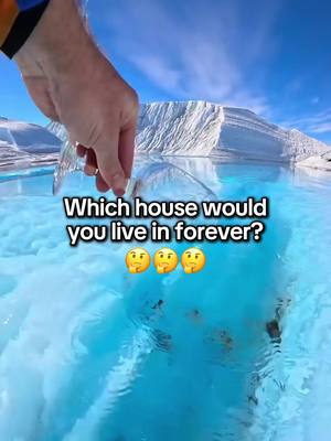 A hand holding a clear glass or plexiglass shape, seemingly above an ice-covered, aquamarine body of water. The background features a bright blue sky and what appears to be a large ice formation or glacier. Text overlayed on the image asks a question about choosing a 'house'.