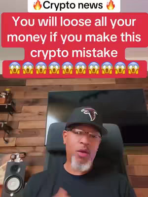 The cover image shows a man in a black shirt and a cap with a logo. The background is a wooden wall and a tv. On top of the image is a red bar with text in white that warns about losing money in crypto. There are also flame and shocked face emojis visible.