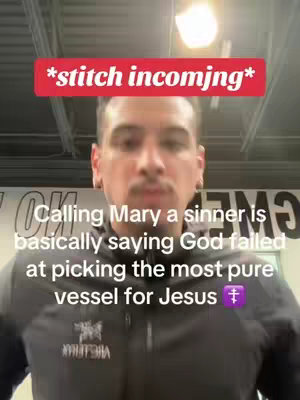 A man with short dark hair and a slight mustache is centered in a selfie-style video. He is wearing a dark gray zip-up jacket with white writing. A red banner with the text "*stitch incoming*" is at the top, and overlay text addresses religious topics.