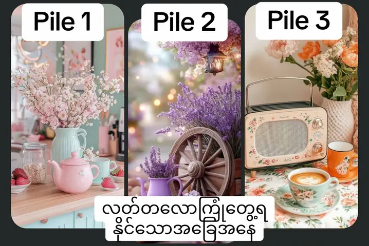 A collage of three styled images. Each image features a different arrangement of items. The left image displays a pink teapot and pink and blue mugs in front of a vase of flowers. The middle image showcases a wooden wheel and some flowers with a lantern. The right-side picture features a radio, a cup of coffee, and flowers. There is a white text box at the bottom of the image.