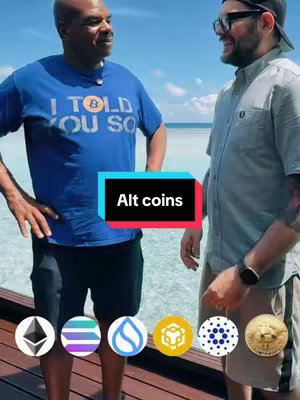 Two men standing on a dock, facing each other with a tropical ocean background. A text overlay reads 'Alt coins.' At the bottom of the image, there are cryptocurrency logos floating.