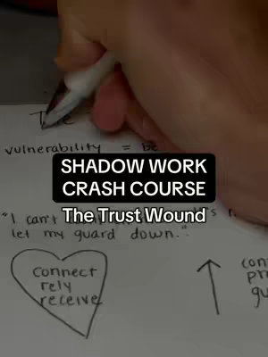 The image shows a close-up of a person's hand holding a pen and writing on a piece of paper. The paper contains handwritten notes with the title "The Trust Wound" and the text "SHADOW WORK CRASH COURSE". There is also a heart-shaped drawing with words inside. The overall composition is straightforward, with the focus on the handwritten content.