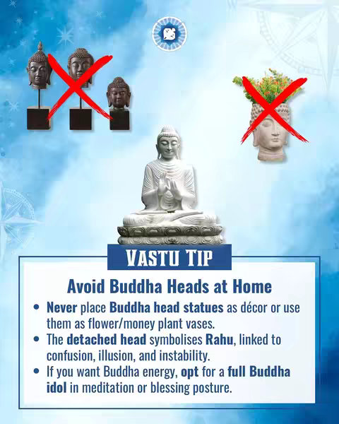 The image is a vertical composition with a light blue watercolor-style background, featuring a combination of religious and informational elements. At the top, a logo is shown with a blue chat bubble. The image is divided, to the left three Buddha heads on stands are labeled with a red cross and to the right is a Buddha head with plants inside, also with a red cross. Below the Buddha heads, a full Buddha statue in a calming posture is shown, centered. Below the statue within a dark blue banner, there is text informing viewers on the subject, which is also the main topic of the video, the image’s intent is to visually convey instructions.