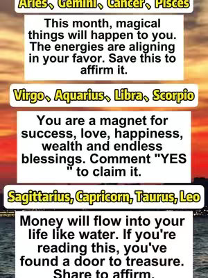 The cover image is a vertically oriented graphic featuring three text blocks against a gradient background. The background transitions from a warm, orange-yellow at the top to a darker, more muted tone at the bottom, suggesting a sunset or sunrise. The top text block has the names of four zodiac signs. The middle block has another four signs, and the third contains the last four signs. Each text block has different text. Overall, the image uses a straightforward layout that's easy to read. The choice of colors is warm and welcoming.