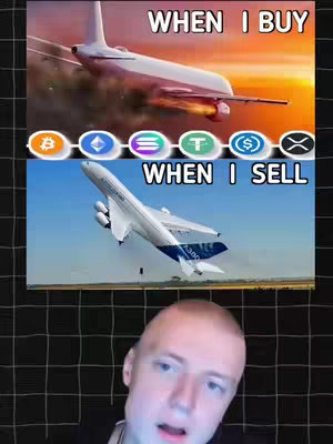 The cover image displays a split layout with the top half showing an airplane ascending towards a bright, orange sky, accompanied by the text 'WHEN I BUY'. Below, a nearly identical airplane is depicted in a nose-down descent against a blue sky. The text 'WHEN I SELL' is placed just above the descending plane, and the creator is in the bottom portion.