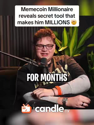 The cover image features a man in glasses and a black t-shirt speaking into a microphone, set against a blurred background of plants and dark vertical panels. Text overlays include the title "Memecoin Millionaire reveals secret tool that makes him MILLIONS" and the phrase "FOR MONTHS". The logo of a TV station appears at the bottom. The color scheme is muted, with the man and text in focus.
