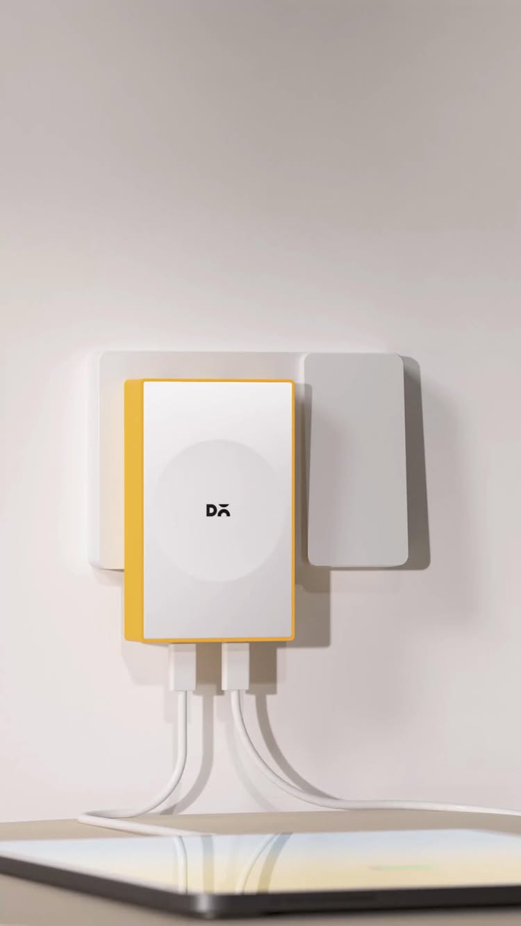 The image shows a product shot of a white and yellow charging device plugged into a wall outlet. The device is rectangular with a white surface and a yellow border. Two white charging cables extend from its base. The wall appears to be a standard electrical outlet and is set on a neutral white surface. A tablet or phone is visible in the bottom.
