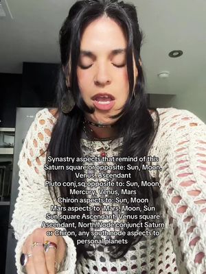 A woman with dark hair and a cream-colored crocheted top is centered in the frame. Text overlays the image detailing specific astrological synastry aspects. She is looking slightly downwards as if speaking.