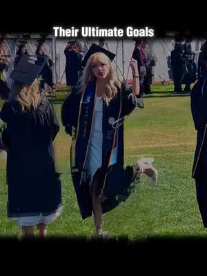 A young woman in a graduation gown stands on a green lawn with other graduates in the background. Text overlay declares the video's focus.