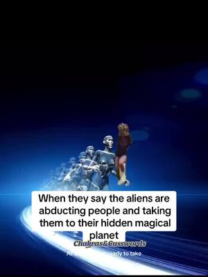 The cover image presents a surreal scene in a dark blue setting, possibly space. Several figures, humanoid in form and appearing metallic, are positioned in the foreground. One figure, lighter in color and possibly a woman, is being lifted or carried by the others, and a blonde haired person is being levitated by an alien figure. A rectangular white box overlay houses text in black over a blurred background. The overall composition is dramatic and otherworldly, with a focus on abduction by aliens.