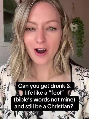 A woman with blonde hair and a patterned top speaks to the camera. A black text box at the bottom contains a question about Christian beliefs.