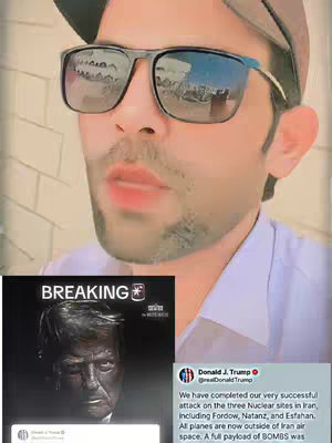 A selfie-style video cover. The foreground features a man with sunglasses and a cap, lips slightly parted. The background is a light-colored wall. A cutout of a serious-looking former U.S. President and a tweet are visible beside him, conveying serious information.