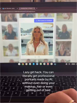 The cover image shows a laptop screen displaying a website with various portrait photos. The screen shows a face of a blonde woman against the background of a yacht with text overlayed at the bottom mentioning how to get these AI portraits.
