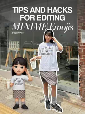 A vertical image with a woman and a cartoon version of herself standing side-by-side on a walkway. Above them in a large white font is the text “TIPS AND HACKS FOR EDITING MINIMAE Emojis”. The woman on the right is wearing a white t-shirt with a grey New Balance logo, a plaid skirt, black shoes, and holding a white coffee cup. The animated character is in nearly identical attire, with the same t-shirt and skirt, also holding a coffee cup. They stand outside in front of a clear glass storefront.