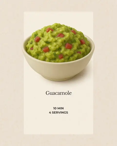 A studio shot showcases a white bowl filled with guacamole. The guacamole is a vibrant green, speckled with small red diced tomatoes. The bowl sits on a plain white rectangle. Below the bowl, the word 'Guacamole' is displayed, followed by '10 MIN' and '4 SERVINGS' in a smaller font.