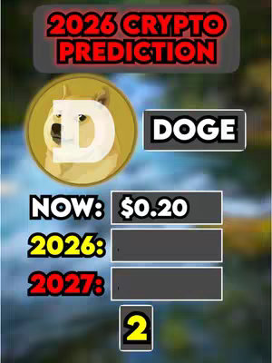 The video cover image features a graphic with a background depicting a blurred water scene with green foliage. In the foreground, it has a large circular gold coin with a doge's face logo. Above the coin, there is a dark grey banner with the text 2026 CRYPTO PREDICTION in red font. There is a rectangular grey box on the top with the word DOGE. Further below, there are three horizontal grey text banners with the labels NOW, 2026 and 2027. The price of $0.20 is on a yellow section.