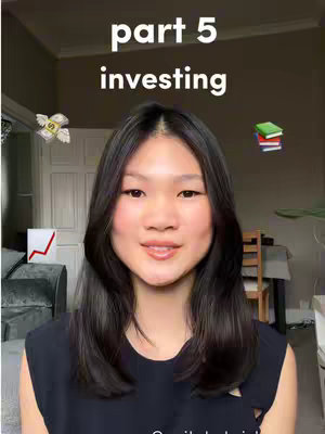 The cover image features a woman centered in the frame with long, dark hair. The text overlay at the top says "part 5 investing" in a sans-serif font. To the left of her is a graphic of money flying with wings, and on the right, there are graphics of books. The background is a neutral tone, suggesting an indoor setting.