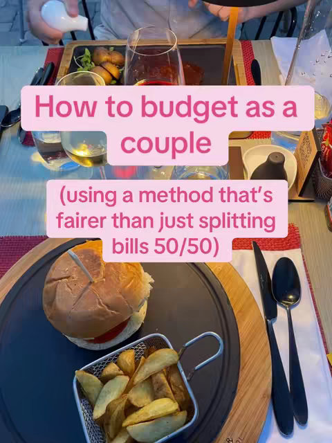 The image is a top-down shot of a restaurant table setting. There is a plate with a burger and a basket of fries. In the background, there are glasses, bottles, silverware and food. Text overlays are placed on top of the image.