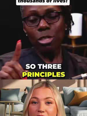 The cover image is a split-screen. The top half shows a woman with glasses, pointing a finger while speaking. Text overlays read '...thousands of lives!' and 'SO THREE PRINCIPLES'. The bottom half features a blond woman looking at the camera, seated on a modern couch.