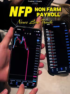 The cover image shows two phones displaying financial data, held by two people. Overlay text in yellow and white highlight that the video is about an upcoming "NFP News Live Trade" event related to "Non Farm Payroll".