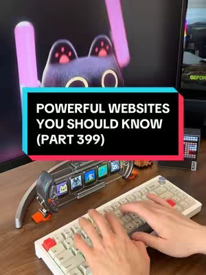 A cover image showing a desk setup with a lit-up, cat-shaped object in the background, a monitor, and a keyboard. Overlayed in a rectangle is the text "POWERFUL WEBSITES YOU SHOULD KNOW (PART 399)". The hands of a person are on the keyboard, ready to type.