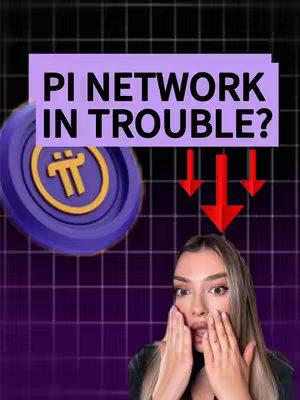 The image is a promotional piece for a video about the Pi Network. It features a woman with a concerned expression, her hands near her face. Behind her is a purple grid and the Pi Network logo. On top, a text box reads, "PI NETWORK IN TROUBLE?" Red arrows point downwards, visually reinforcing the negative sentiment. The color scheme is dark, emphasizing the serious tone of the content.
