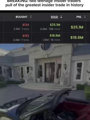 The image features a screenshot of a trading platform, displaying buy and sell orders and profits. Below the financial data, there's a blurred image of a large mansion with a luxury car in the foreground. The top of the image has a text overlay in white, providing context to the main subject which is about insider trading.