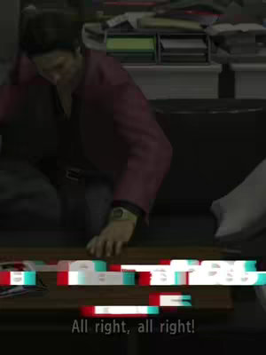 An animated video game scene with a man in a red jacket appearing to be in an office. A distorted text is overlaid on the image, below which is the text 'All right, all right!.'