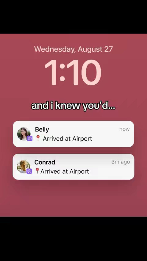 The cover image shows a phone screen with a maroon background, displaying a time 1:10, date Wednesday, August 27 and two message notifications from 'Belly' and 'Conrad'.