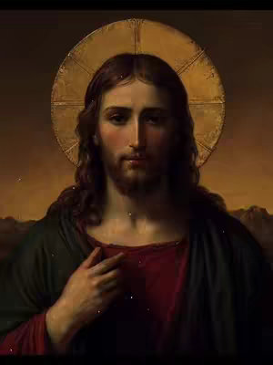 A classical painting of Jesus. He has long, brown hair, a beard, and a halo behind his head. He wears a red robe with a dark green cloak. His expression is calm and serene.
