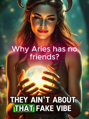 A digitally rendered image featuring a woman with long, flowing auburn hair, adorned with a pair of horns. She holds a glowing orb in her hands, against a blurred background. The text overlays read, 'Why Aries has no friends?' and 'THEY AIN'T ABOUT THAT FAKE VIBE.'