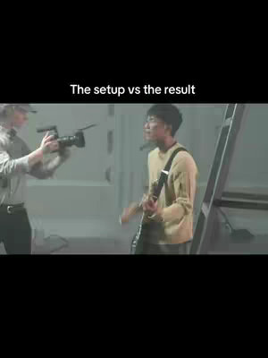 The image shows a split screen: on the left, a person wearing a hat and holding a camera filming. On the right, a person playing a guitar. There is text overlaying the image that says 'The setup vs the result'.