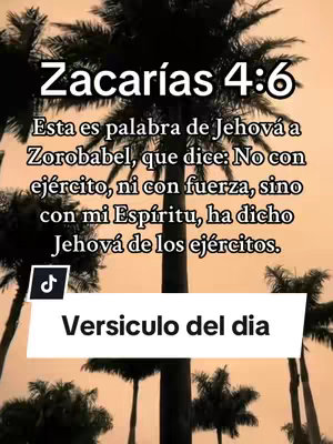 The image is a vertical graphic featuring a vibrant gradient background that transitions from warm oranges and yellows at the bottom to a darker, muted hue at the top. Silhouetted palm trees frame the scene on either side. In the center, bold, white text displays "Zacarías 4:6" at the top. Below this, against a softer gradient panel, is a paragraph of Spanish text from the Bible verse, followed by the words "Versículo del día".