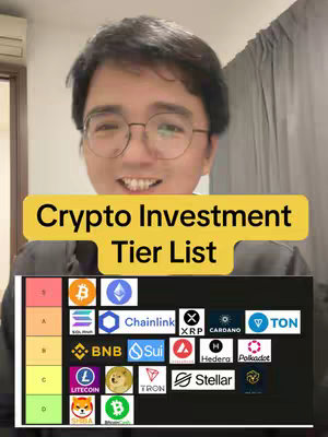 A selfie-style video with a man in glasses presenting a cryptocurrency tier list. The background is a simple room interior. A bright yellow rectangular overlay displays the title 'Crypto Investment Tier List'. Beneath this, a tier list table ranks various cryptocurrencies.