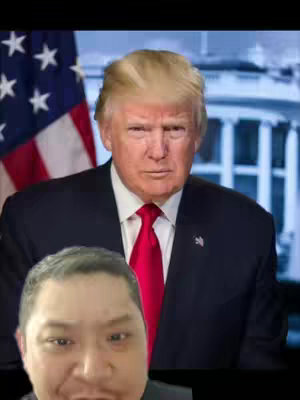 The cover image features a composite. The upper portion shows a photograph of Donald Trump in a suit and tie, with the American flag and a building in the background. Superimposed on the bottom half is a selfie of an East Asian male looking up towards the former president. The overall composition is a juxtaposition, suggestive of commentary on Trump or the ideas expressed in the caption.