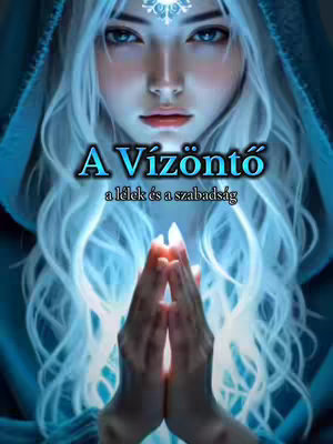The cover image is a digitally created illustration featuring a woman's face centered in the frame. She has long, flowing white hair and blue eyes. She is softly illuminated with white and blue light, with a glowing overlay in the background. Her hands are clasped together in front of her chest, and a light emanates from between them. The text overlayed on the image is composed in a stylized font, reading 'A Vízöntő' above 'a lélek és a szabadság'. The color palette is dominated by cool tones, primarily blue and white.