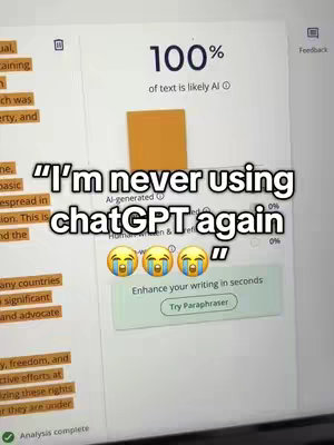 A close-up of a computer screen displaying text analysis results. Overlaid on the screen is a white text overlay. Below the text overlay are crying face emojis and a software prompt.