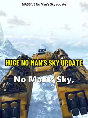 The image shows the front of a large, yellow spaceship in a game. The ship has a boxy design with large, open areas in the front. The background appears to be a cloudy sky over snow-capped mountains.