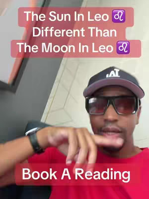 A man in a red shirt, sunglasses, and a backward baseball cap is the central figure. Overlayed text boxes offer astrological information. The man is pointing forward.
